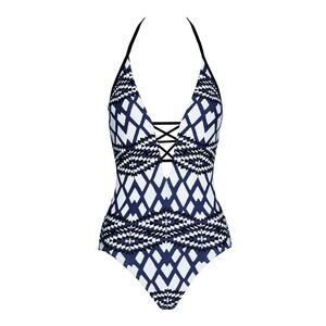 Seafolly Australia Blue White Black Modern Tribe Deep V Neck Maillot One Piece